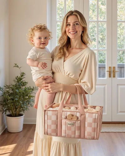 Vista 6 de Blissful Diary Organizador de pañales a cuadros, elegante cesta de almacenamiento para guardería, regalo para baby shower, artículos esenciales