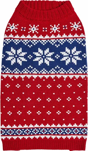 Vista 8 de Blueberry Pet Let It Snow Suéter Clásico Feo de Navidad con Capucha y Diseño de Copos de Nieve para Perro en Rojo y Blanco, Longitud de Espalda 12