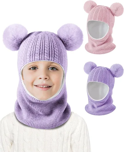 Vista 2 de Conjunto de 2 gorros de invierno para bebé, gorro para niño con calentador de cuello, gorro de punto cálido para clima frío