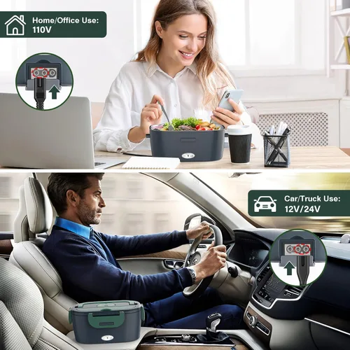 Vista 3 de Fiambrera eléctrica para adultos, calentador de alimentos portátil de 80 W, 12 V/24 V/110 V, lonchera térmica 3 en 1 para coche/camión/oficina