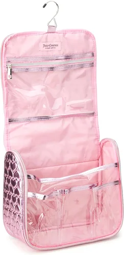 Vista 6 de Juicy Couture Bolsa de maquillaje rosa Organizador de cosméticos Esenciales de viaje Gancho colgante brillante corazón acolchado