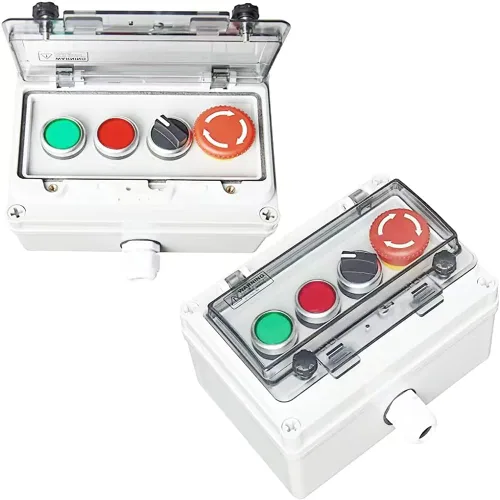Vista 12 de Caja de botones con interruptor de parada de emergencia, botones de arranque/parada y rotativos (rojo/verde) Emergency Stop Button Red Green