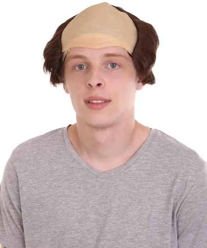 Vista 9 de Peluca de padre fraile calvo marrón para hombre adulto, cabello liso marrón con gorra calva de piel, perfecta para tu fiesta de Halloween y cosplay