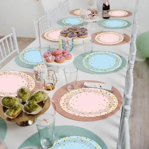 Vista 6 de Wiooffen 48 piezas de suministros para fiesta de revelación de género – Juego de vajilla para baby shower con platos de papel azul y rosa