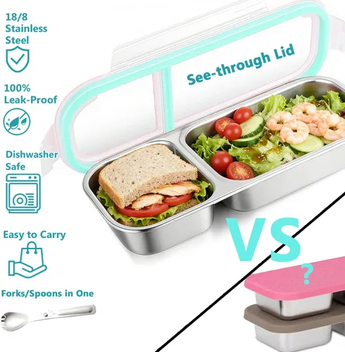 Vista 3 de Contenedores de almacenamiento de alimentos con tapa hermética, contenedores de aperitivos de acero inoxidable, caja de almuerzo de metal a prueba