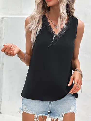 Vista 6 de Milumia Blusa casual sin mangas con encaje en contraste para mujer, cuello en V, sin mangas