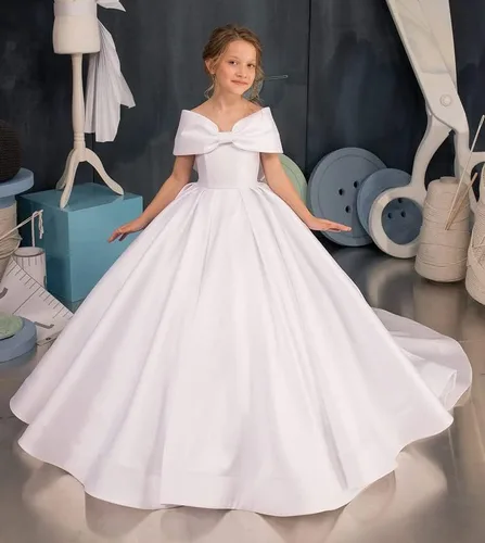 Vista 4 de Flower Girl Dress Off Shoulder-Satin First Communion Dress Bow Knot Girls Ball Gowns