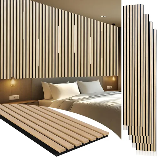 Vista 18 de Yuzzy Paneles de madera para pared y techo, paneles acústicos de listones de madera de 108 x 11 pulgadas, 2 unidades, paneles de pared modernos que