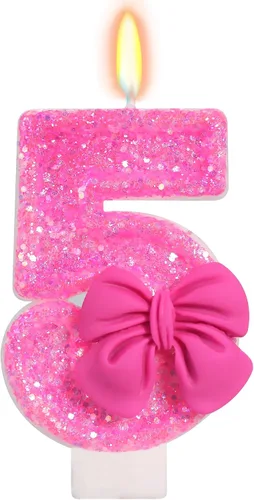 Vista 14 de Vela de cumpleaños para pastel, vela 0 - purpurina rosa con lazo, vela de feliz cumpleaños de 2.76 pulgadas, adorno superior de pastel para fiestas