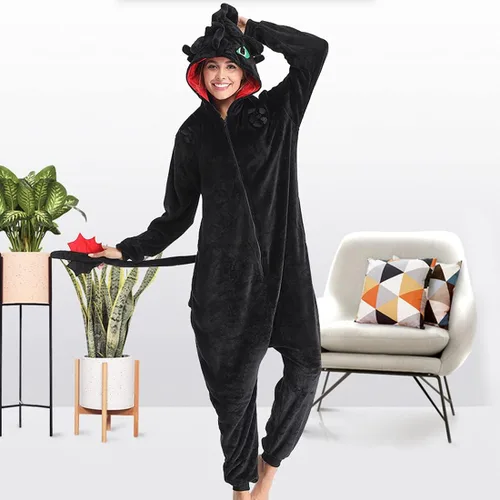Vista 5 de Pijama sin dientes de una pieza de franela de dragón para cosplay, ropa de dormir de invierno para Halloween, cosplay, ropa de hogar