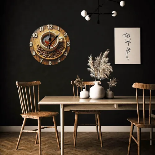 Vista 6 de Reloj de pared para decoración del hogar, diseño rústico de taza de café marrón, con estampado de taza A, funciona con pilas, silencioso, sin