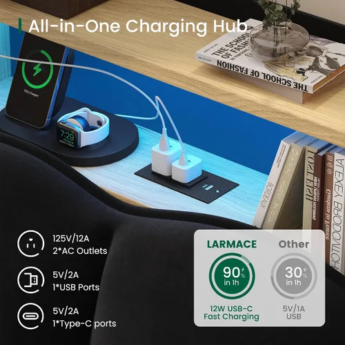 Vista 10 de LARMACE Base de cama tamaño King con luces LED y estación de carga, plataforma tapizada de terciopelo con cabecera de almacenamiento, no necesita