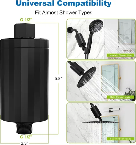 Vista 4 de Cabezal de Ducha de Todo Metal – Filtro de Ducha KDF 55 con Vitamina C E&A para Agua Dura, Filtros de Ducha Universales de Alta Presión para Reducir