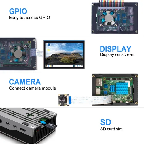Vista 4 de Miuzei Funda para Raspberry Pi 4 con ventilador de 1.378 in, fuente de alimentación de 5 V 3 A, 4 disipadores de calor para Raspberry Pi 4 Modelo B