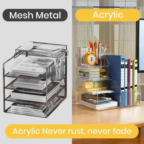 Vista 5 de BONIER Organizador de escritorio acrílico, bandeja de papel de 4 niveles y clasificador de correo, estante de revistero de 2 niveles, almacenamiento