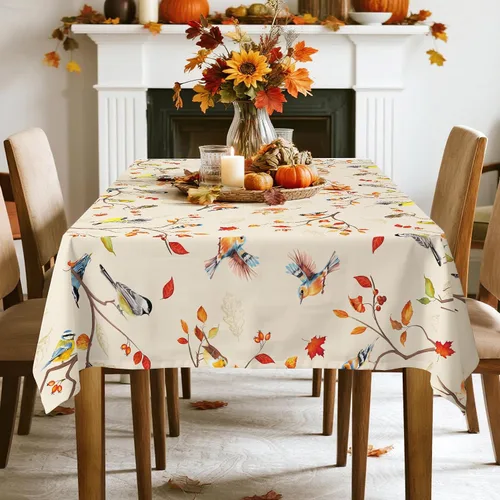 Vista 3 de Mantel rectangular de ramas de pájaros de otoño impermeable, mantel de hojas de arce resistente a las manchas, mantel lavable para decoración