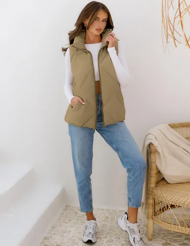 Vista 7 de MEROKEETY Chaleco acolchado sin mangas con cremallera para mujer, con cuello alto, con bolsillos