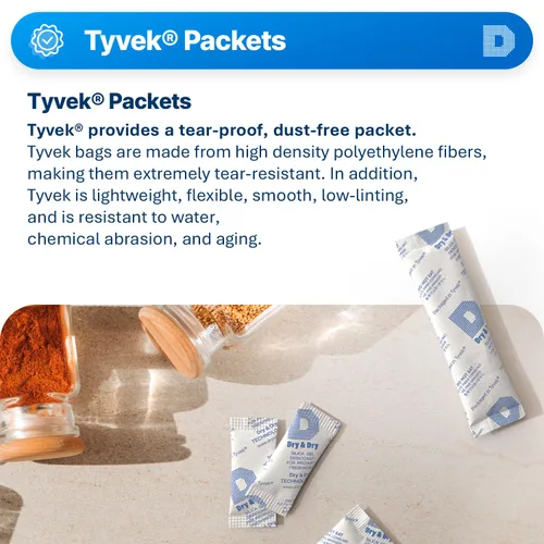Vista 2 de Dry & Dry 0.02 oz [50 paquetes] Paquetes de gel de sílice seguros para alimentos y farmacéuticos desecantes - Paquetes de gel de sílice Tyvek®
