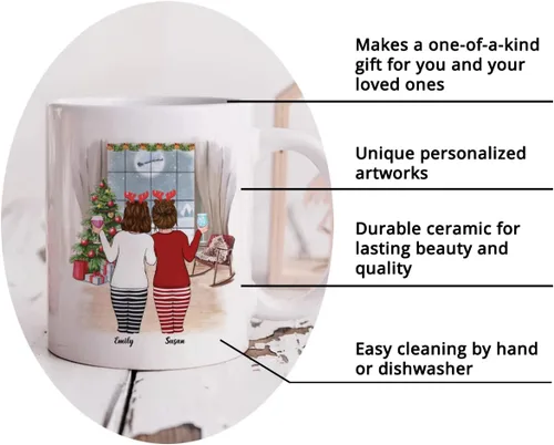 Vista 4 de Gossby Taza de café de Navidad personalizada para amigas, regalos de amistad personalizados para mujeres con diseño, nombre, regalos de mujer