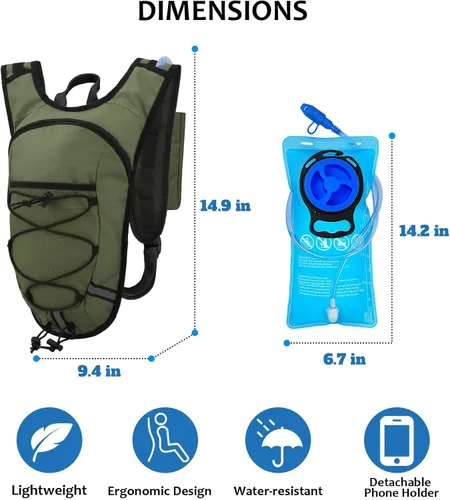 Vista 2 de Mochila de Hidratación Ligera con Depósito de Agua de 2L para Correr, Ciclismo, Senderismo – Mochila de Agua Antirrobo con Soporte para Teléfono