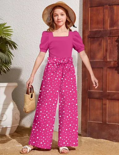 Vista 25 de DONWEN Conjunto de 3 piezas de ropa para niñas pequeñas y niñas con cuello cuadrado + pantalones elegantes + diadema para primavera y verano