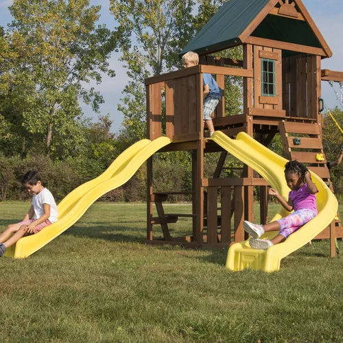 Vista 4 de Swing-N-Slide WS 8355 Castlebrook - Juego de columpios con dos toboganes, columpios y pared de escalada, madera