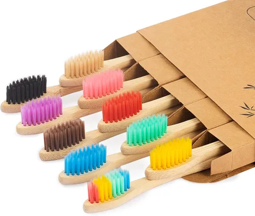 Vista 12 de NUDUKO Cepillos de dientes de bambú biodegradables, paquete de 10 unidades, ecológico, cepillo de dientes de madera natural, sin BPA