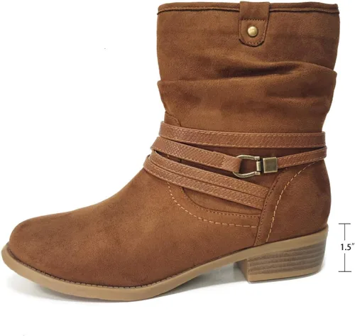 Vista 2 de VJH confort Botas de media pantorrilla para mujer, puntera redonda, tacón bajo, cómodo, holgado, con correa de hebilla y cremallera lateral