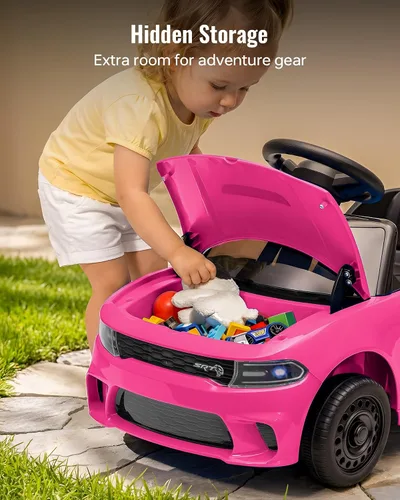 Vista 4 de Dodge Ride on Push Car con licencia para niños pequeños de 1 a 3 años con mango y música Rosa