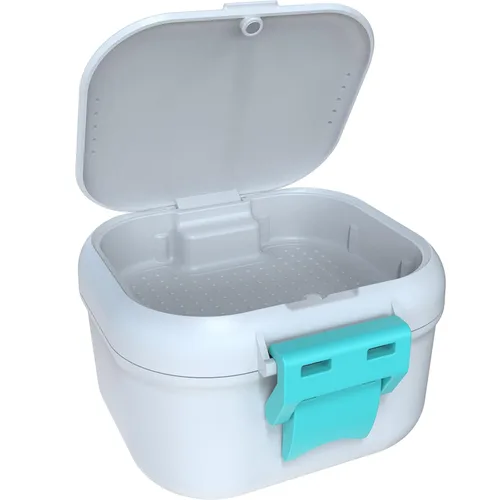 Vista 7 de ARGOMAX Taza de baño de prótesis a prueba de fugas, caja de dentadura portátil para remojo, caja de baño de dentadura con colador, para dentaduras