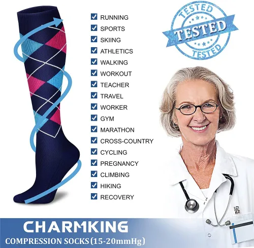 Vista 5 de CHARMKING 6 pares de calcetines de compresión para mujeres y hombres, el mejor apoyo para enfermeras, correr, atletismo, viajes de vuelo