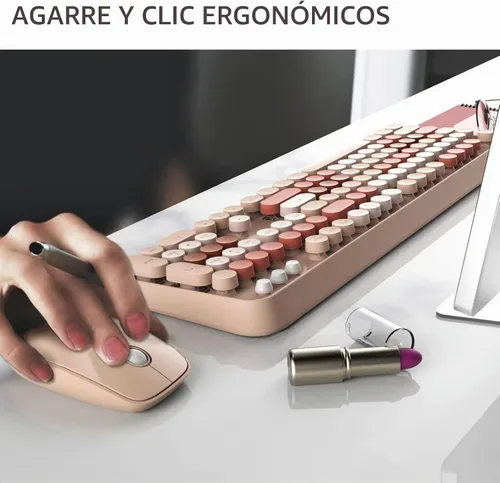 Vista 7 de FD Combo de teclado y mouse inalámbricos, bonito teclado y mouse coloridos con teclado retro inalámbrico de 2.4 GHz, apagado automático, receptor