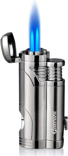 Vista 9 de GUEVARA Encendedor de Antorcha de Butano con Punzón a Prueba de Viento de Doble Chorro (Negro-Dorado) Dual jet flame, windproof, butane refillable