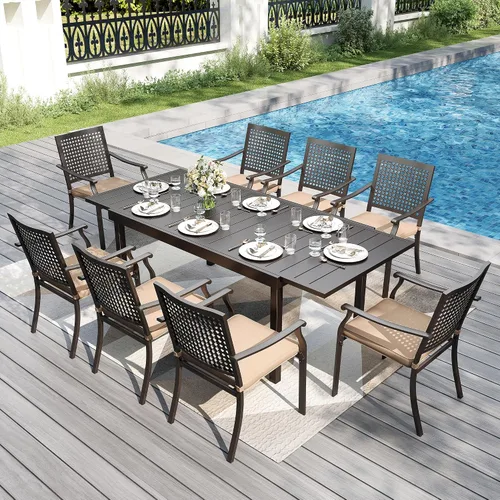 Vista 14 de PHI VILLA Juego de comedor al aire libre de 5 piezas para 4, sillas apilables con cojines y mesa cuadrada de madera de 37 pulgadas con agujero