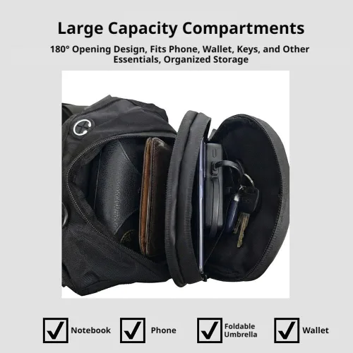 Vista 6 de Bolsa de pierna de motocicleta – Riñonera impermeable al aire libre con conector para auriculares, correa de hombro ajustable y compartimento