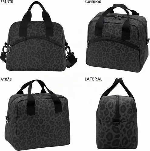 Vista 2 de Bolsa de Almuerzo Aislada de Leopardo Negro Estampado de Piel Animal Enfriadora Reutilizable Tote Box con Correa para el Hombro para Trabajo Picnic