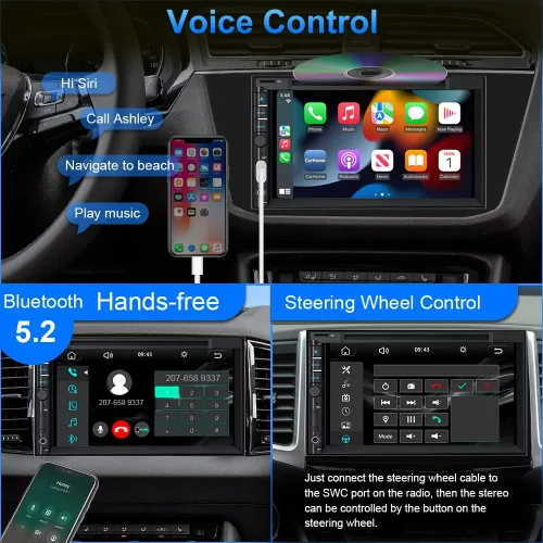 Vista 3 de Estéreo de coche doble DIN con CD DVD, cámara de respaldo compatible con CarPlay/Android Auto, pantalla táctil de 7 pulgadas, radio Bluetooth 5.2