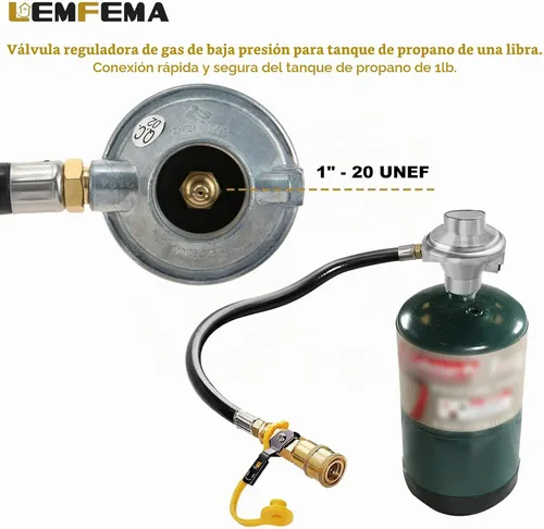 Vista 4 de Válvula reguladora de gas de tanque de propano de baja presión de 1 libra con válvula de cierre de conexión rápida de 1/4 pulgadas, incluye bengala