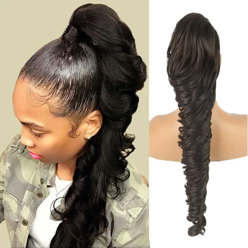 Vista 7 de KRSI Extensión de cola de caballo larga y ondulada con cordón, 28 pulgadas, 1B#, para mujeres, clip de cabello negro, cabello sintético, extensión