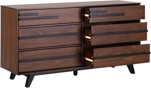 Vista 6 de Walker Edison Malhia Cómoda minimalista contemporánea de madera maciza con 6 cajones, 60 pulgadas, nogal