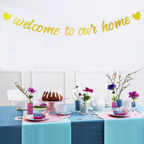 Vista 6 de Starsgarden Cartel dorado con purpurina "Welcome to Our Home" para inauguración de la casa, decoración militar patriótica, suministros para fiestas