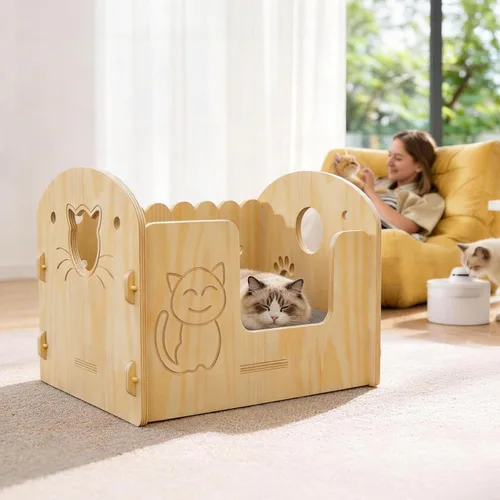 Vista 6 de Cama para gatos semicerrada de madera maciza con artesanía de tallado de dibujos animados, ahorro de espacio para apartamentos pequeños, estudios