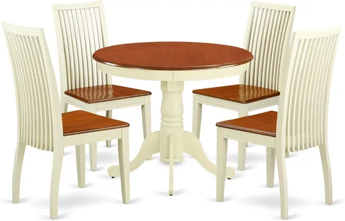 Vista 14 de East West Furniture ANIP5-LWH-W - Juego de mesa de comedor moderno de 5 piezas, incluye una mesa de cocina redonda con pedestal y 4 sillas