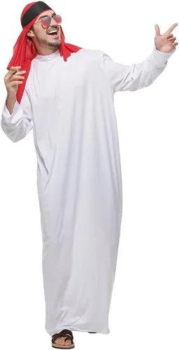 Vista 2 de FantastCostumes Disfraz árabe para hombre, bata blanca de sultán, disfraz de cosplay de Halloween
