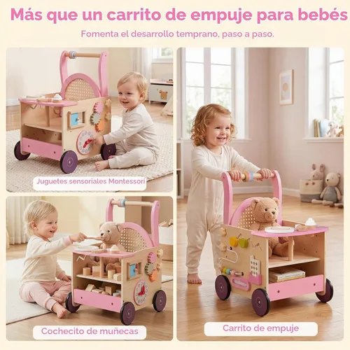 Vista 3 de OLAKIDS Andador de madera para bebés con centro de actividades, juguete Andador de pie con cochecito de muñeca, laberinto de cuentas, engranajes