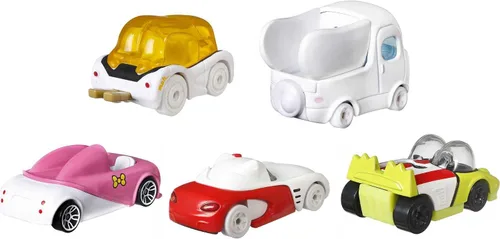 Vista 2 de Hot Wheels Sanrio - Coche de personajes de juguete, paquete de 5 unidades en escala 1:64: Hello Kitty, Keroppi, Gudetama, Cinnamaroll & My Melody