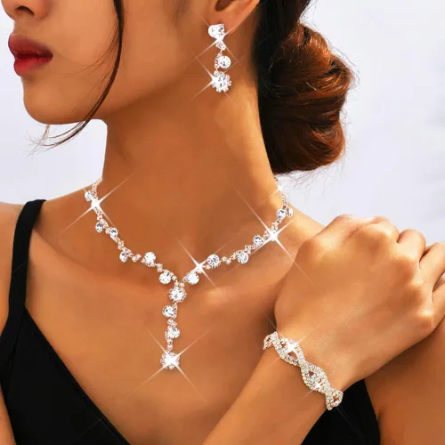 Vista 5 de Unicra - Juego de joyas de boda para novia con diamantes de imitación, collar para novia, pulsera, aretes, joyería de graduación para mujer y novias