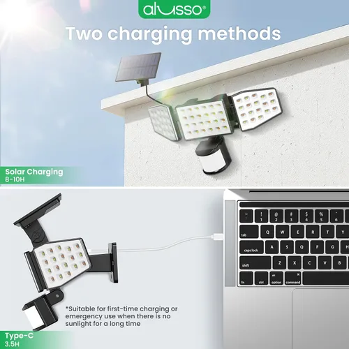 Vista 7 de ALUSSO Luces solares con sensor de movimiento para exteriores de 400 lúmenes, luces de seguridad LED con control remoto, 3 modos