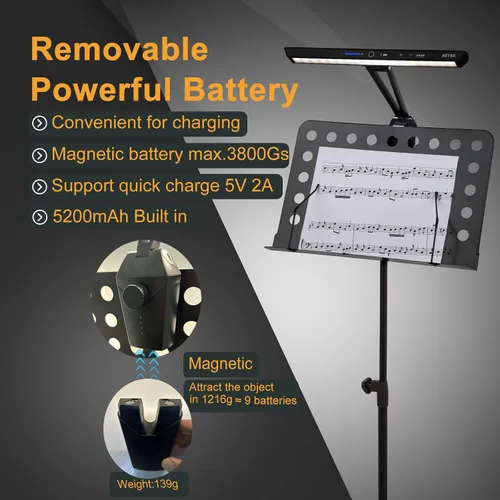 Vista 3 de Luces de soporte de música, batería magnética extraíble, funciona con batería recargable, lámpara de abrazadera USB-C de larga duración, plegable