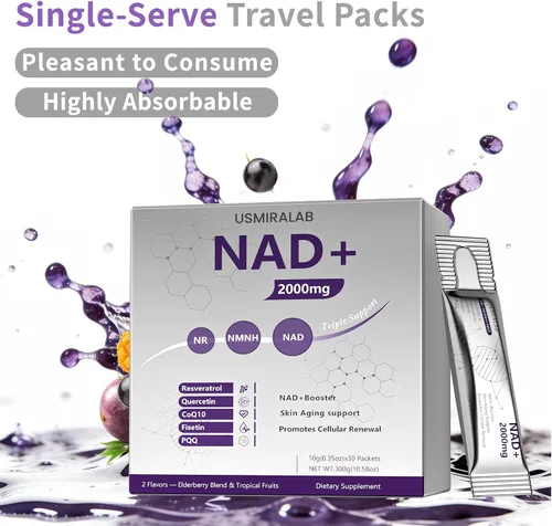 Vista 4 de NAD+ Supplement Packets 1000mg Liquid Advanced Nicotinamide Riboside, Trans-Resveratrol, PQQ & Quercetin Complex for Cellular Energy & Healthy